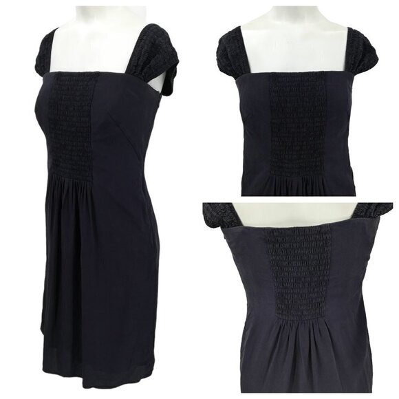 Akris Punto Silk Smocked Cap Sleeve Cocktail Dress Size 8 Blue Sheath Classic - Picture 1 of 16